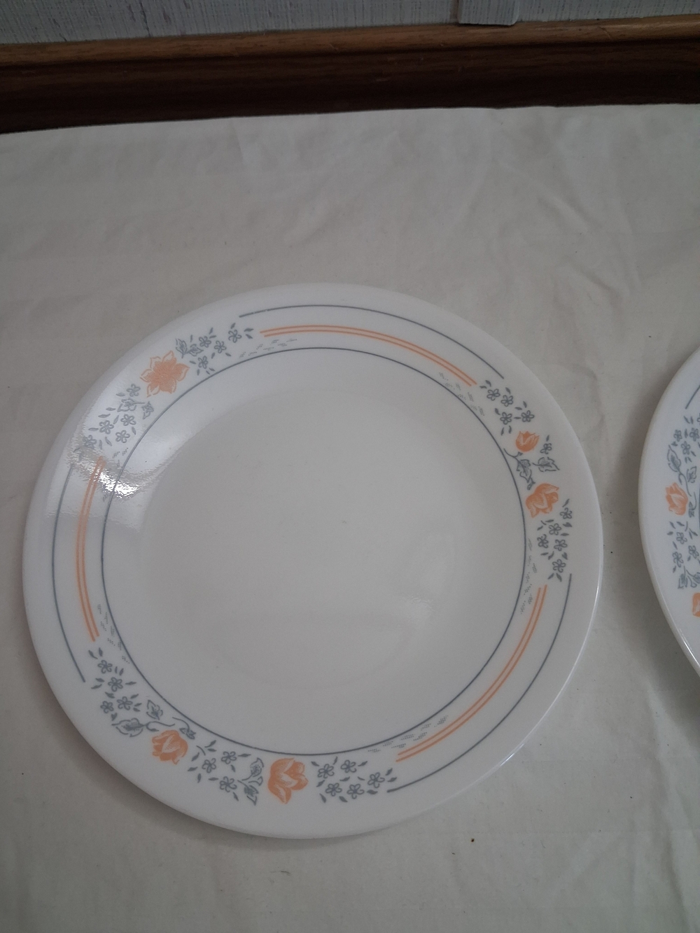 Corelle White Dinner Plate with Peach Floral and Gray Band